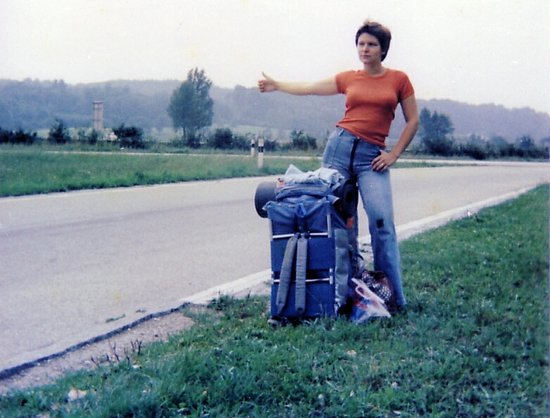 Hitchhiker on a roadside in Luxembourg, 1977